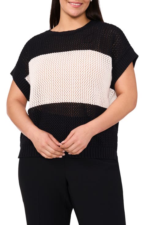 Colorblock Open Stitch Cotton Sweater (Plus)