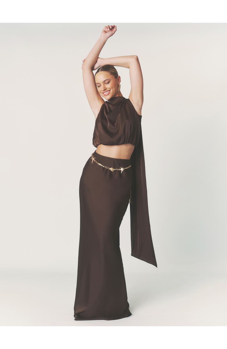 Six Stories Satin Drape Detail High Neck Top, Alternate, color, Chocolate