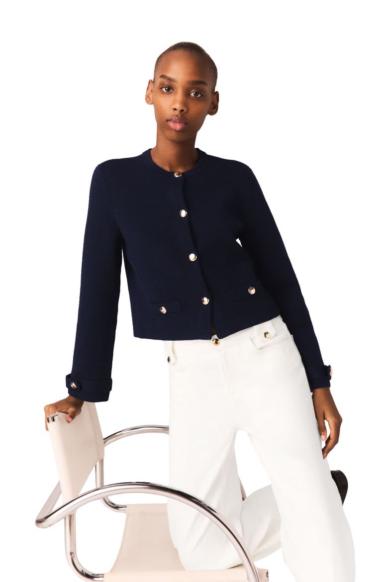 Detachable embroidered collar cardi, Alternate, color, Navy