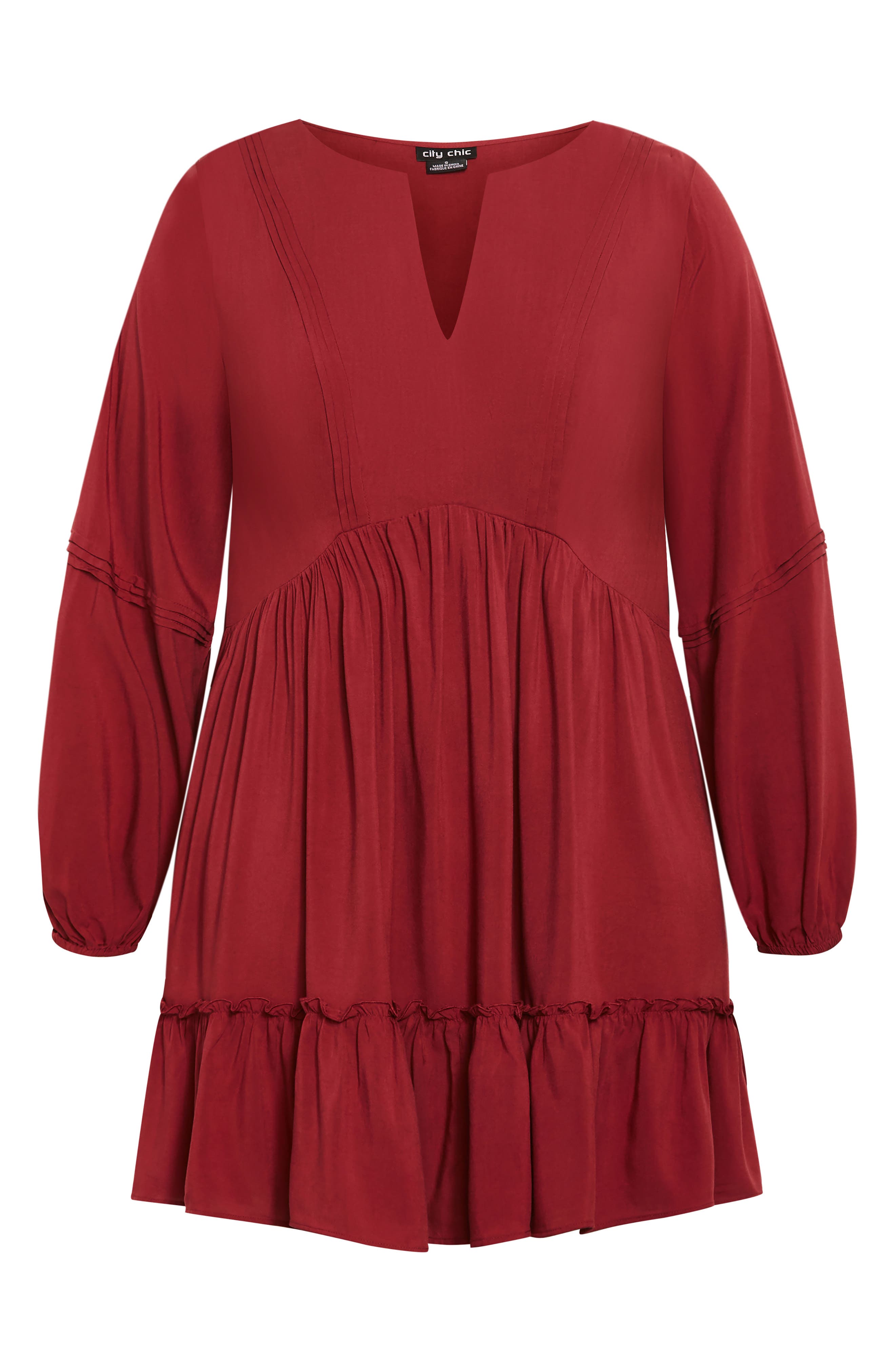 City Chic Mira Long Sleeve Tiered Minidress In Red