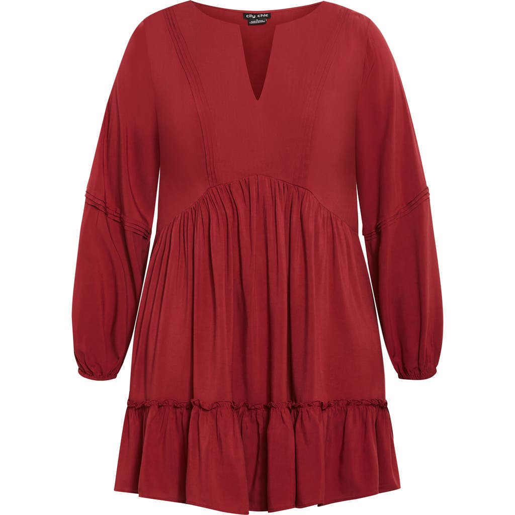 City Chic Mira Long Sleeve Tiered Minidress In Red