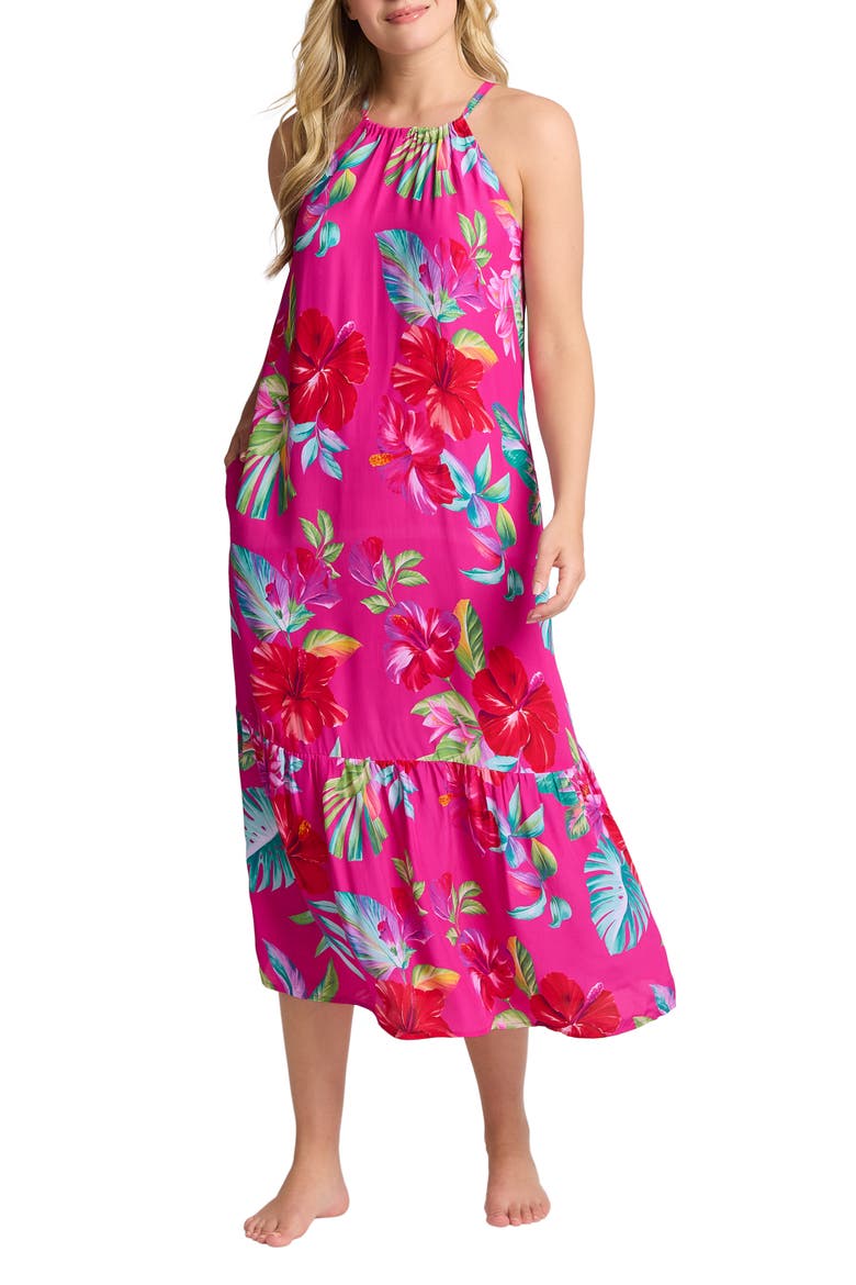 Fiesta Floral Midi Cover-Up Dress, Main, color, PINK MAUI
