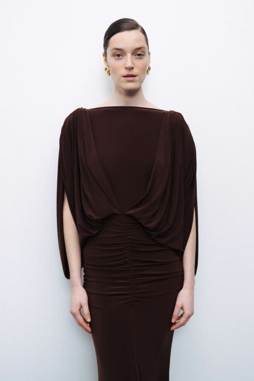 Shop Nocturne Draped Maxi Dress In Dark Brown