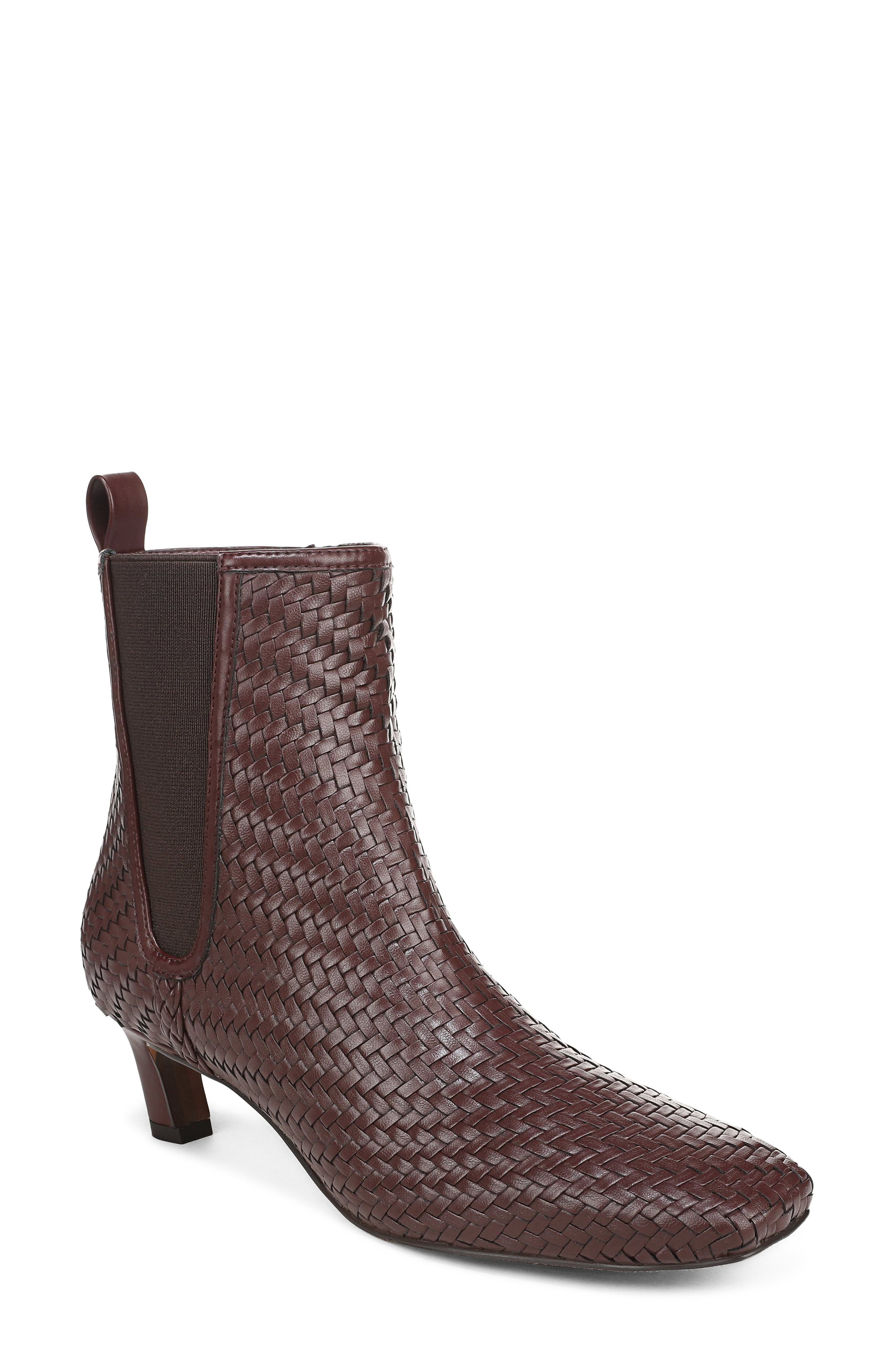 Peony Weave Leather Bootie, Main, color, FRENCH BURGUNDY