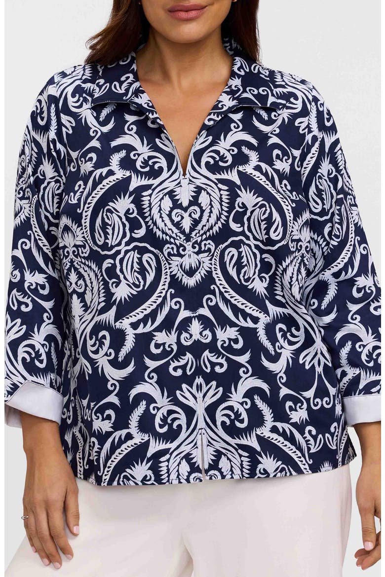 Agnes Florentine Print Three-Quarter Sleeve Cotton Popover Top, Main, color, NAVY BLUE/ WHITE