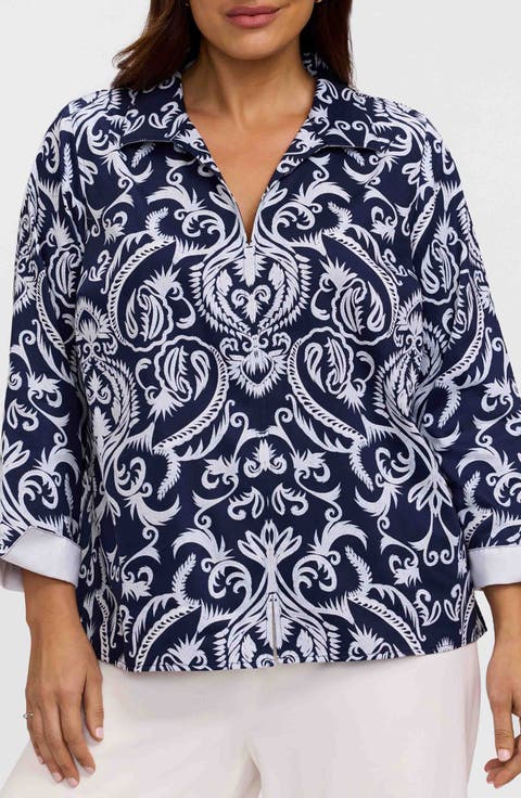 Agnes Florentine Print Three-Quarter Sleeve Cotton Popover Top (Plus)
