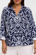 Foxcroft Agnes Florentine Print Three-Quarter Sleeve Cotton Popover Top