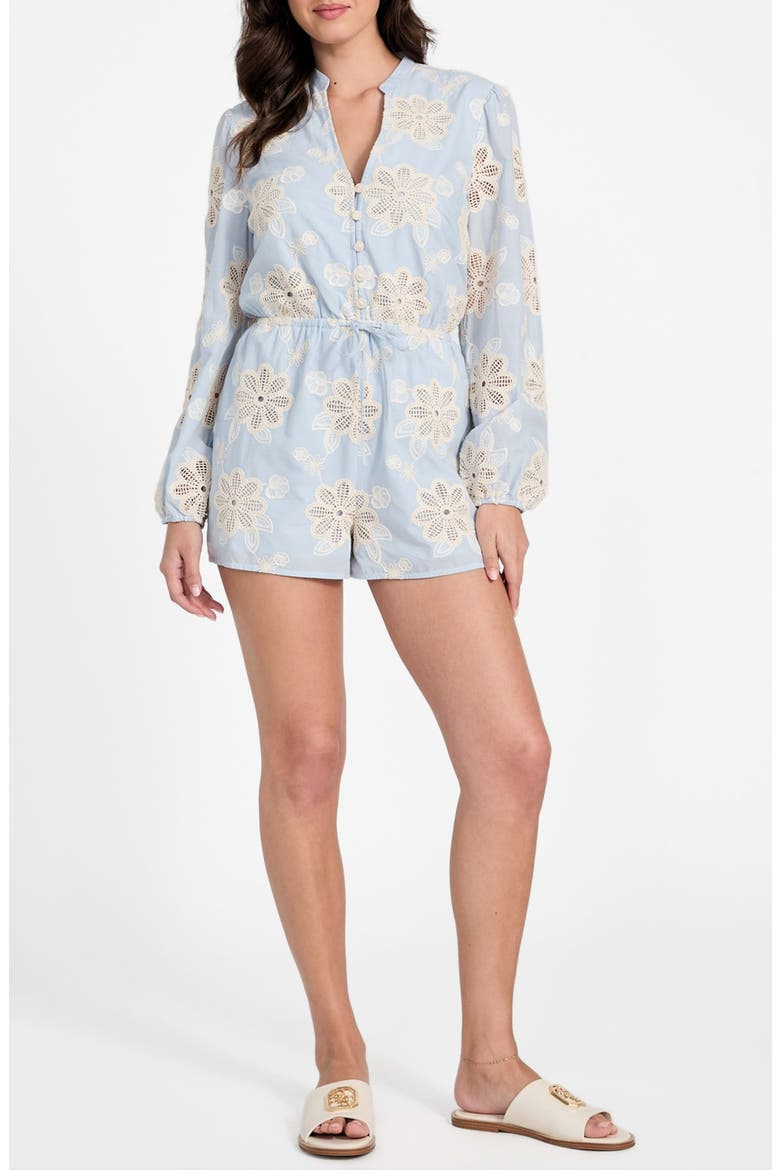 Hazel Floral Embroidered Long Sleeve Cotton Voile Romper, Main, color, BLUE