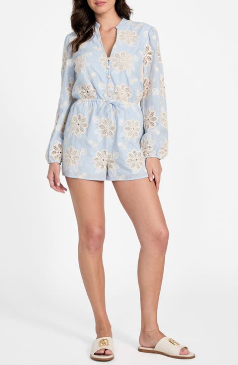 Hazel Floral Embroidered Long Sleeve Cotton Voile Romper
