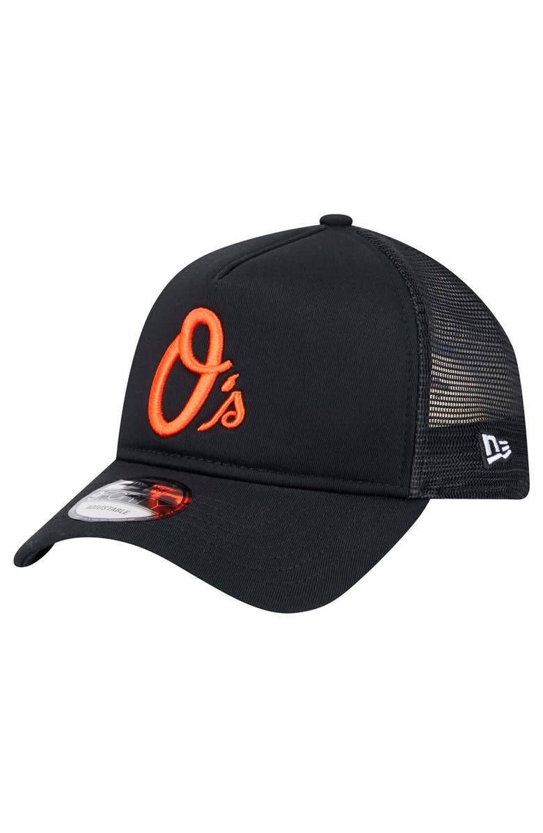 New Era Men's New Era Black Baltimore Orioles 9FORTY A-Frame Trucker Adjustable Hat, Main, color, Black