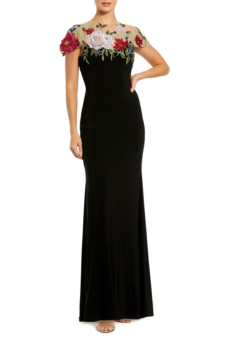 Floral Embellished Jersey Fitted Gown, Main, color, Black Multi