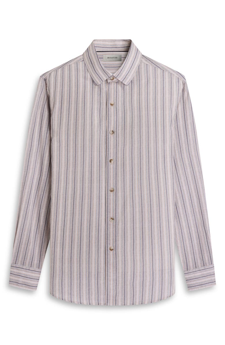 Bugatchi Julian Shaped Fit Stripe Cotton & Linen Button-Up Shirt, Alternate, color, Camel