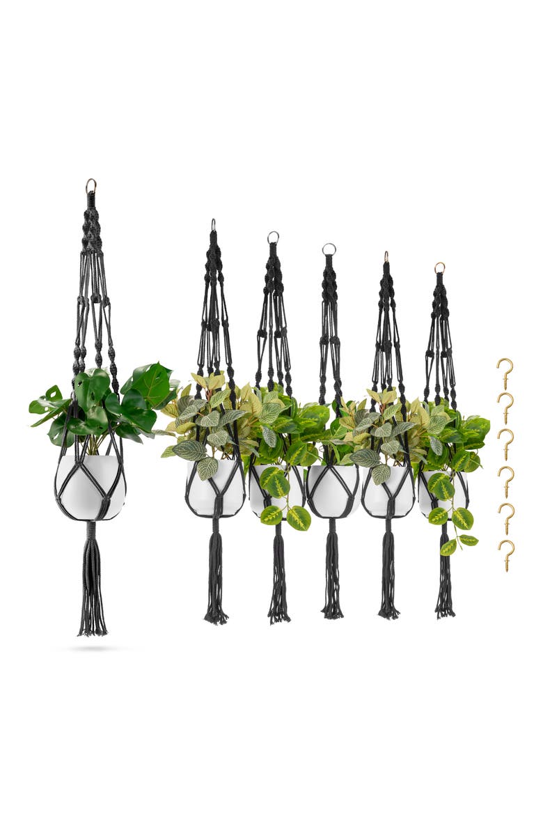 Set of 6 Macrame Plant Hangers, Alternate, color, BLACK