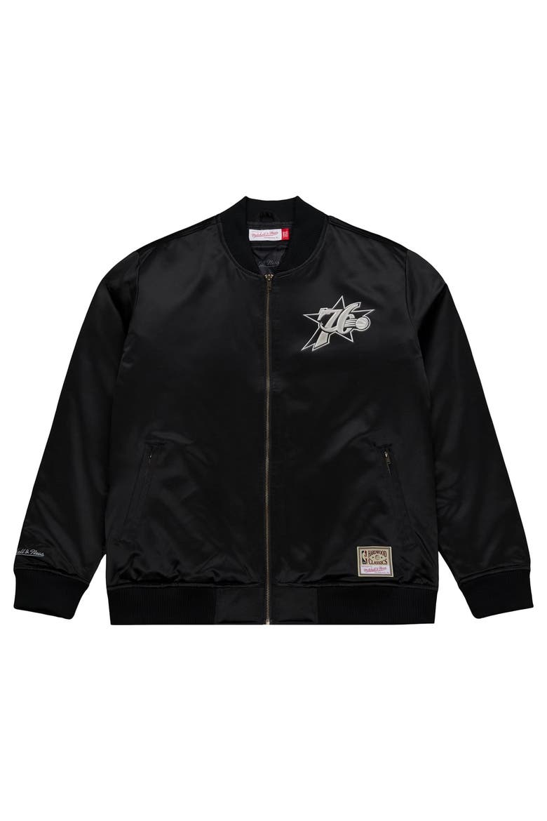 Men's Mitchell & Ness Black Philadelphia 76ers Chrome Satin Bomber Full-Zip Jacket, Alternate, color, Black