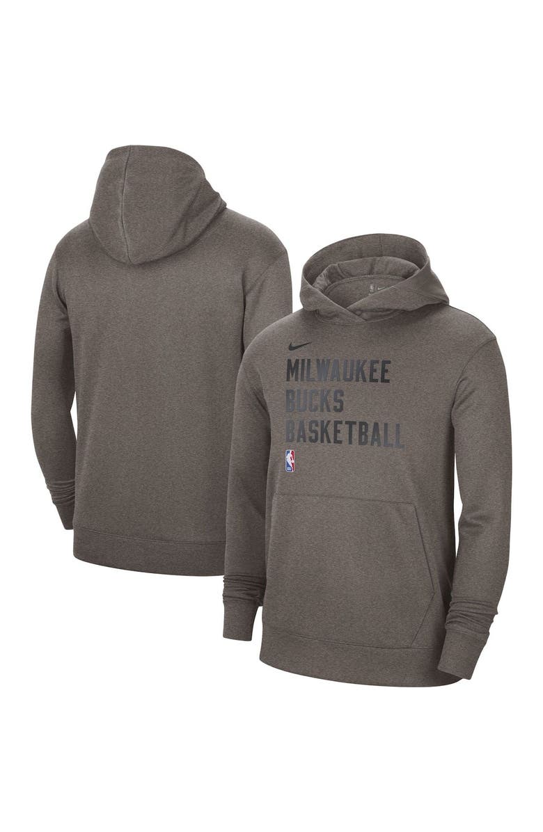 Nike Unisex Nike Olive Milwaukee Bucks 2023/24 Performance Spotlight On-Court Practice Pullover Hoodie, Main, color, Heather Gray