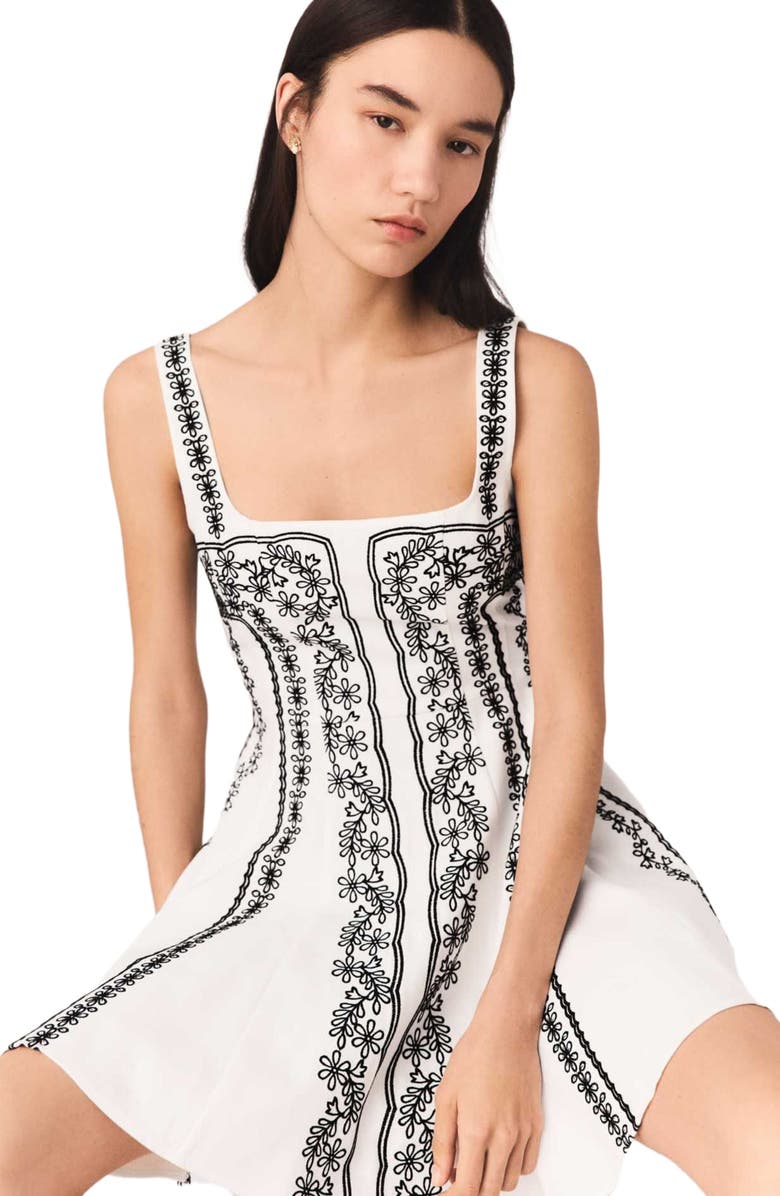 maje Short embroidered dress, Alternate, color, Ecru / Black