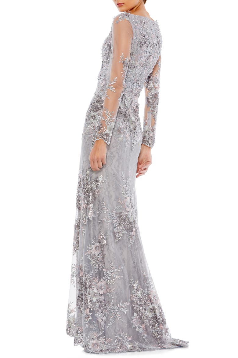 Embellished Long Sleeve Lace Gown, Alternate, color, PLATINUM