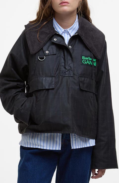 x Ganni Tartan Waxed Anorak with Removable Hood