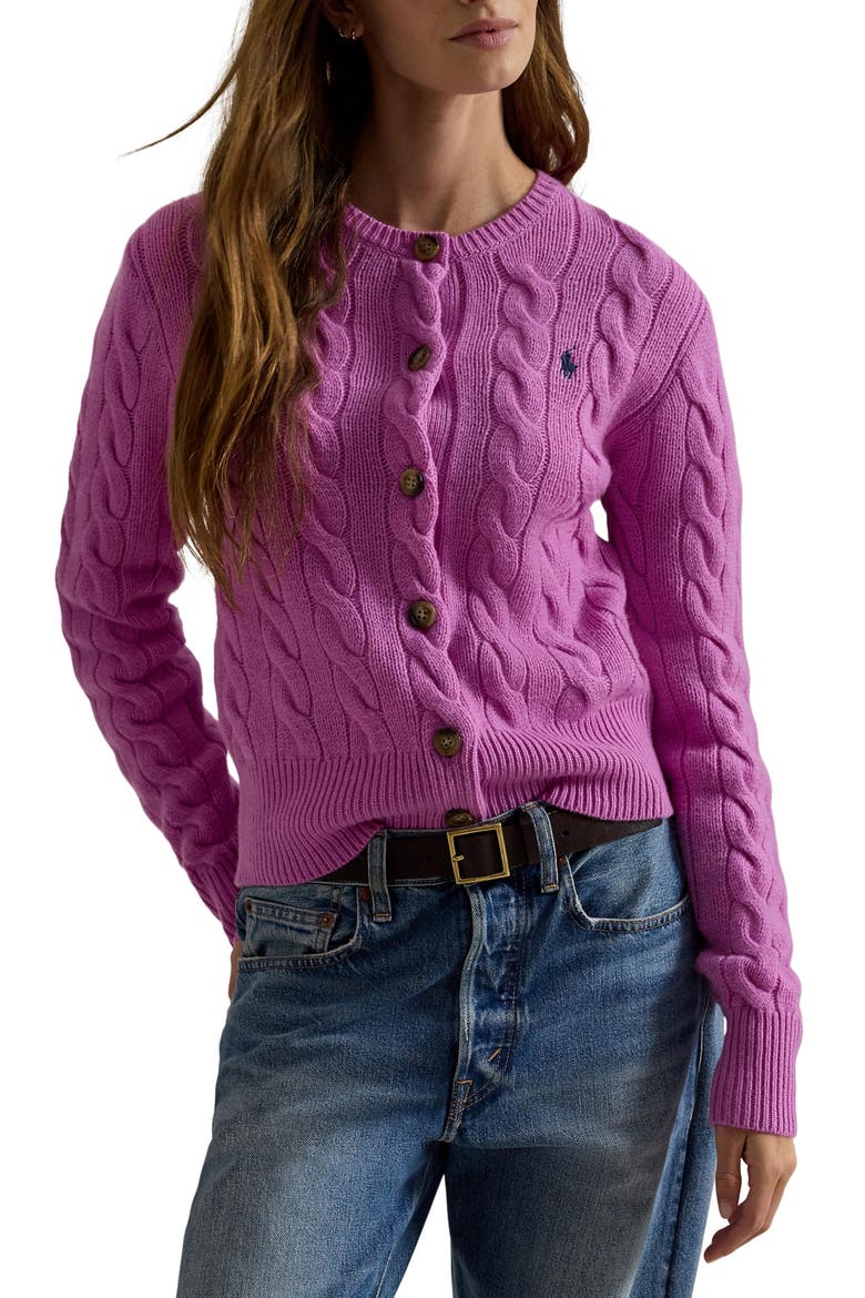 Cable Knit Wool & Cashmere Cardigan, Main, color, THISTLE PINK