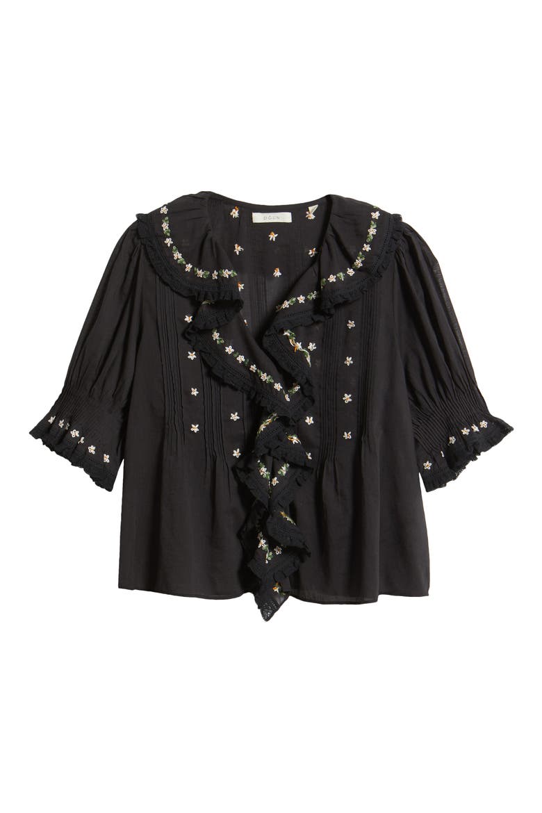 Hettie Embroidered Ruffle Organic Cotton Top, Alternate, color, BLACK
