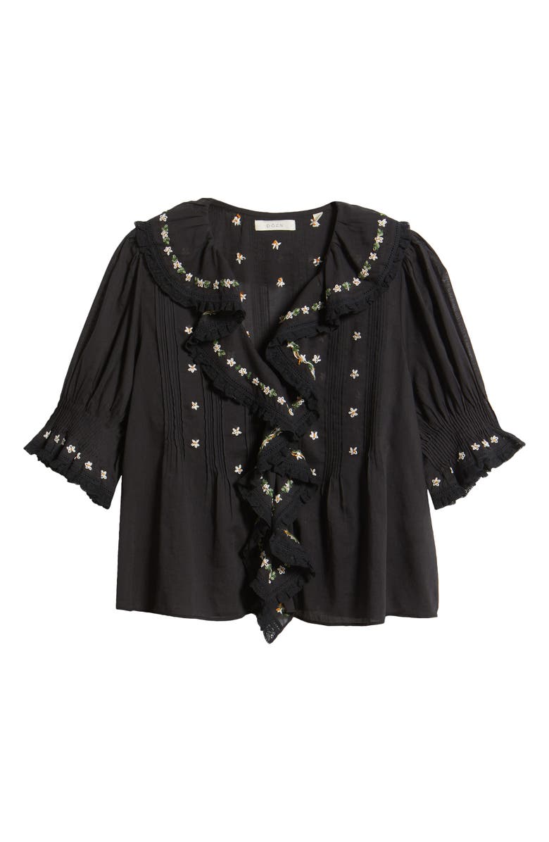 DÔEN Hettie Embroidered Ruffle Organic Cotton Top, Alternate, color, Black