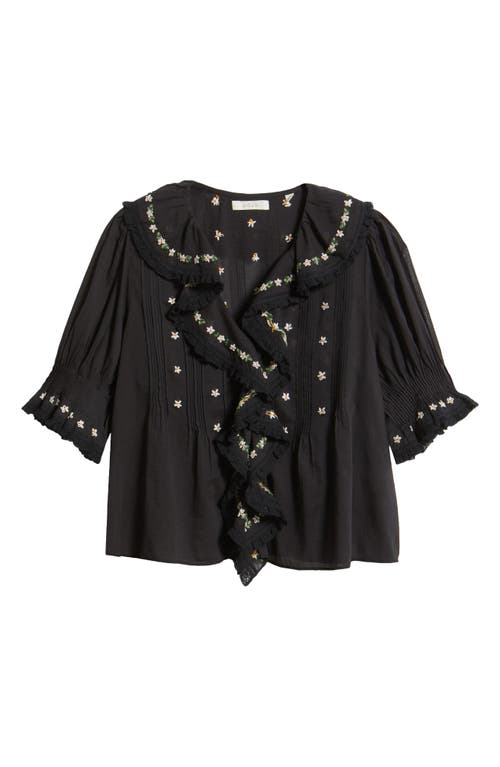 Doen Dôen Hettie Embroidered Ruffle Organic Cotton Top In Black