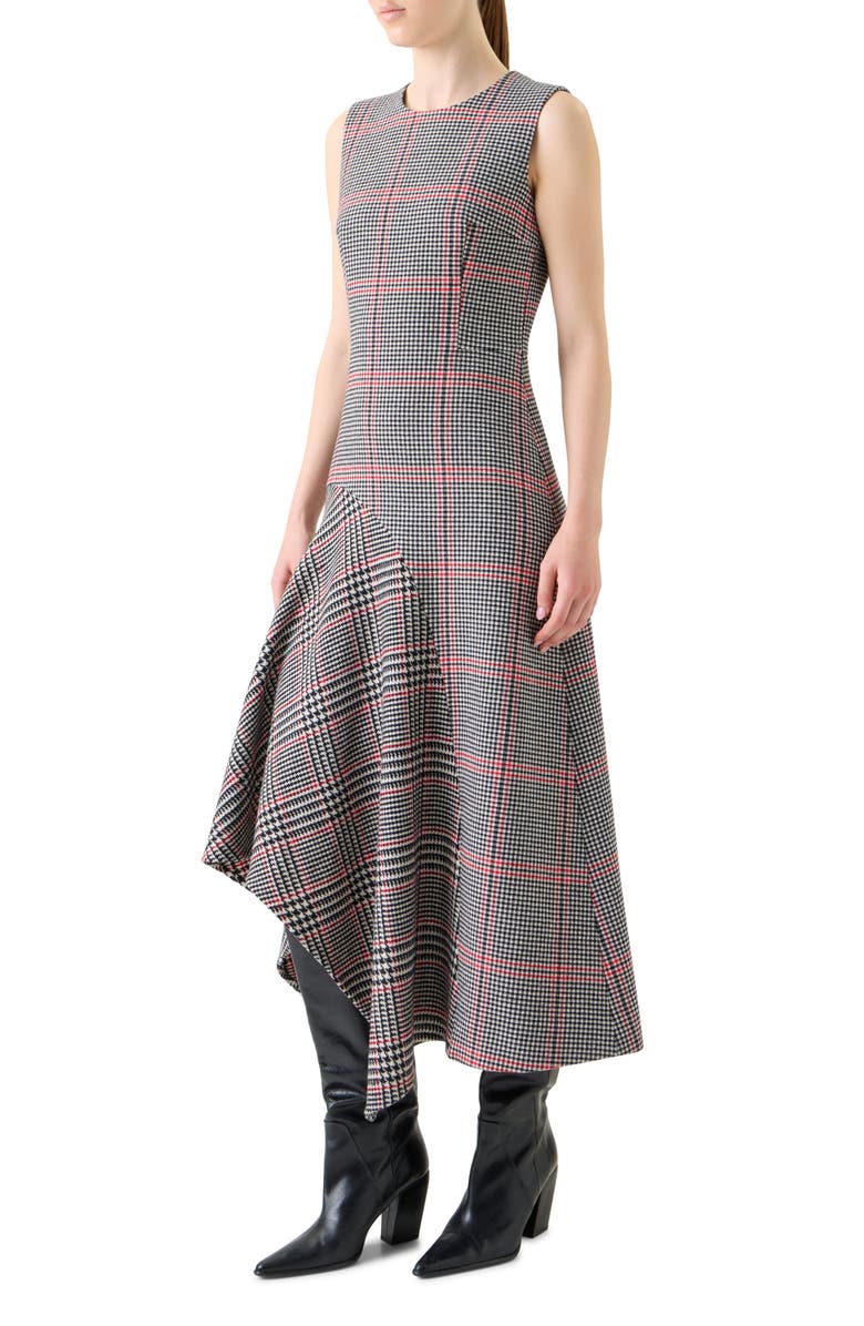 Akris punto Glen Plaid Asymmetric Virgin Wool Dress, Alternate, color, Black-Cream-Vermillion