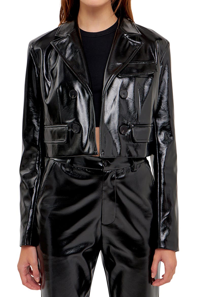 Shiny Faux Leather Crop Jacket, Alternate, color, BLACK