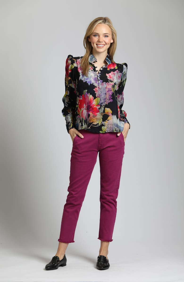 APNY Puff Shoulder Button Front Top, Alternate, color, Black Floral Multi
