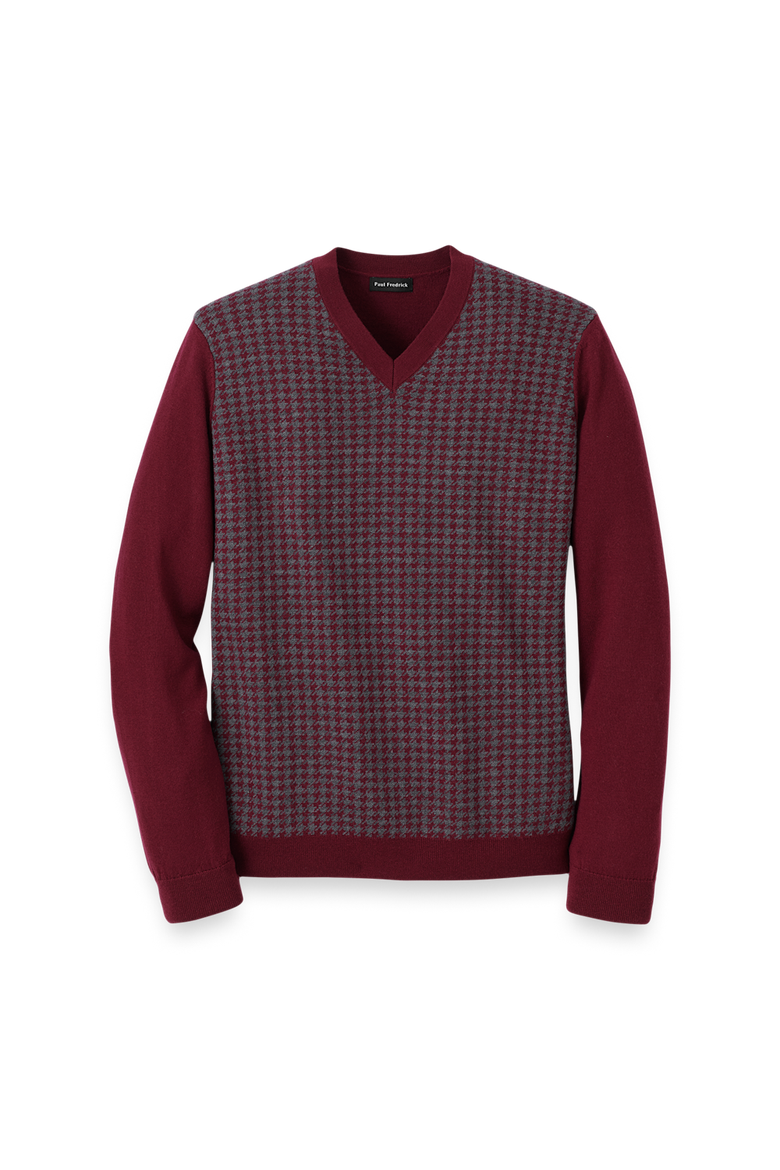 Washable Merino Wool Houndstooth V-neck Sweater, Main, color, Burgundy