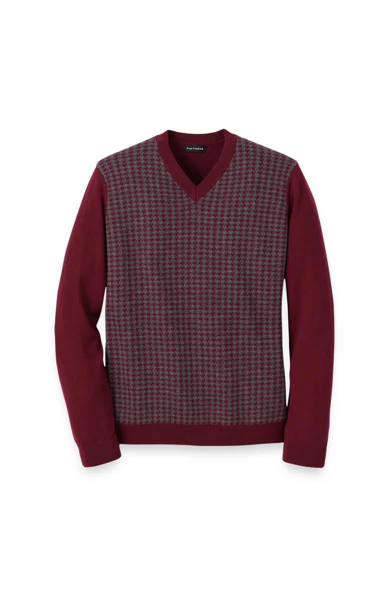 Paul Fredrick Washable Merino Wool Houndstooth V-neck Sweater, Main, color, Burgundy