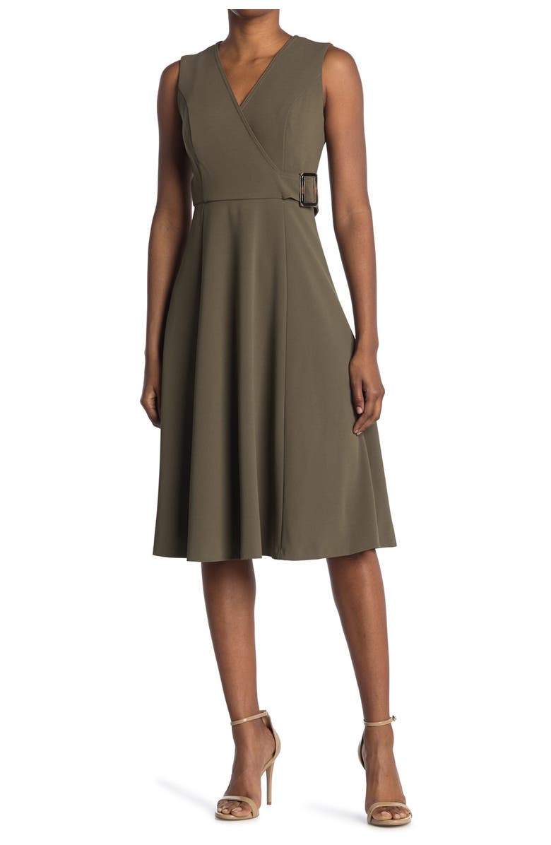 Calvin Klein Surplice V-Neck Sleeveless Buckle Midi Dress, Alternate, color, 
