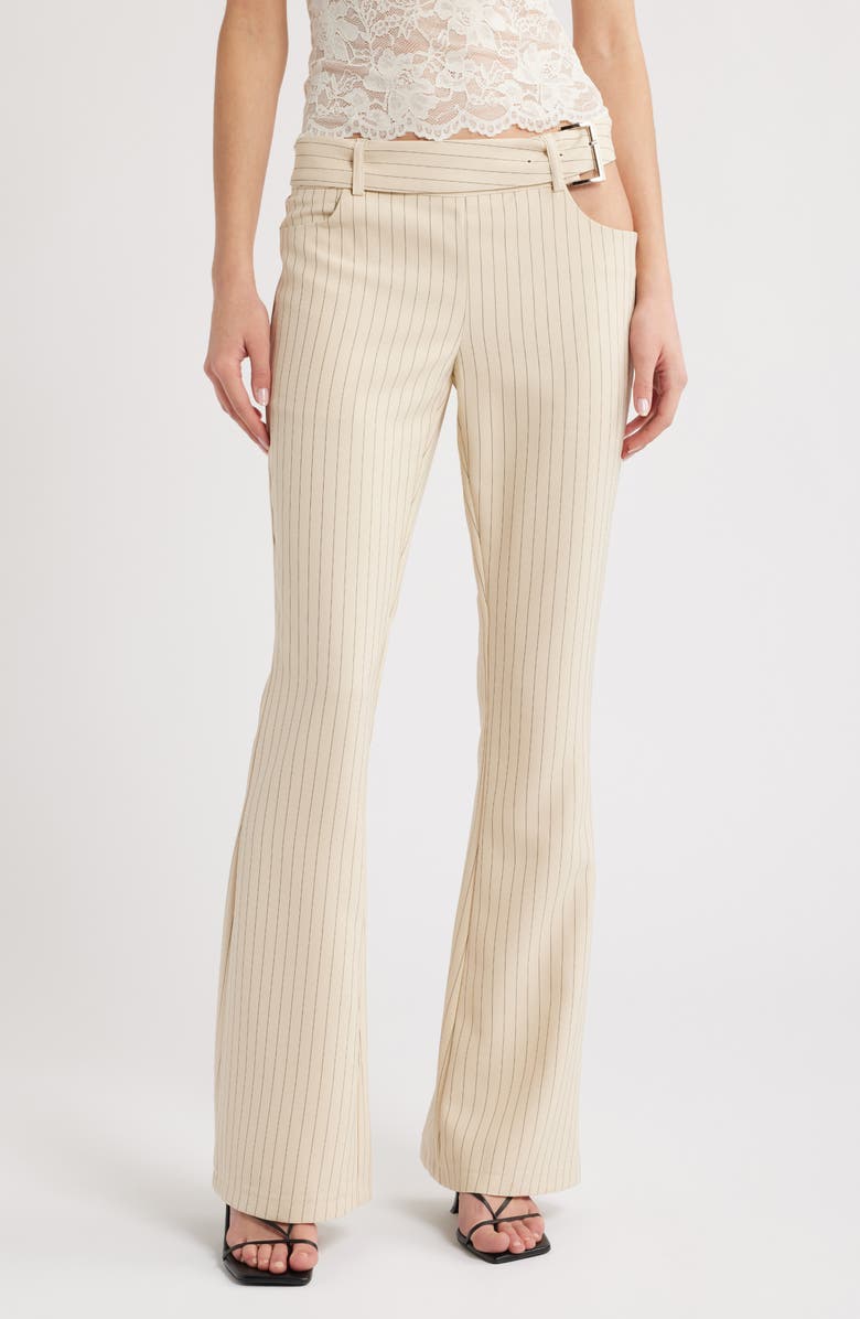 LIONESS Yves Pinstripe Cutout Belted Flare Pants, Main, color, Cream Pinstripe