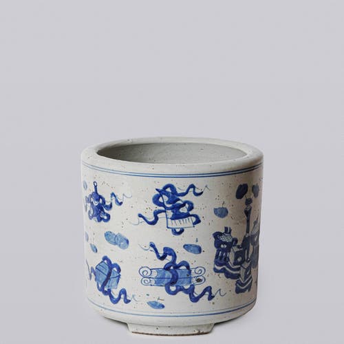 Cobalt Guild Blue And White Porcelain Treasures Footed Cachepot In Blue