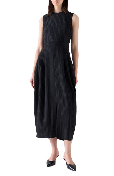Pinstripe Wool Crepe Midi Dress