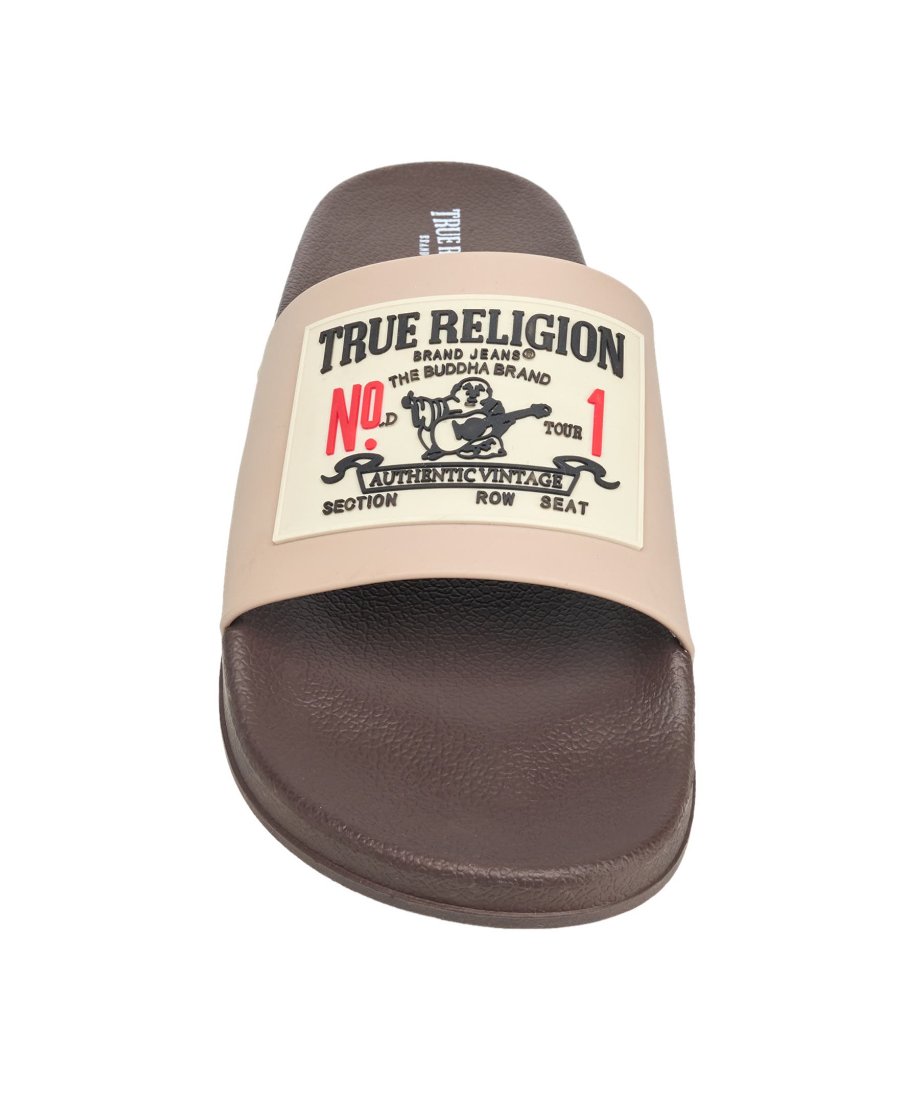 True Religion Kendrick Logo Slide, Alternate, color, Brown