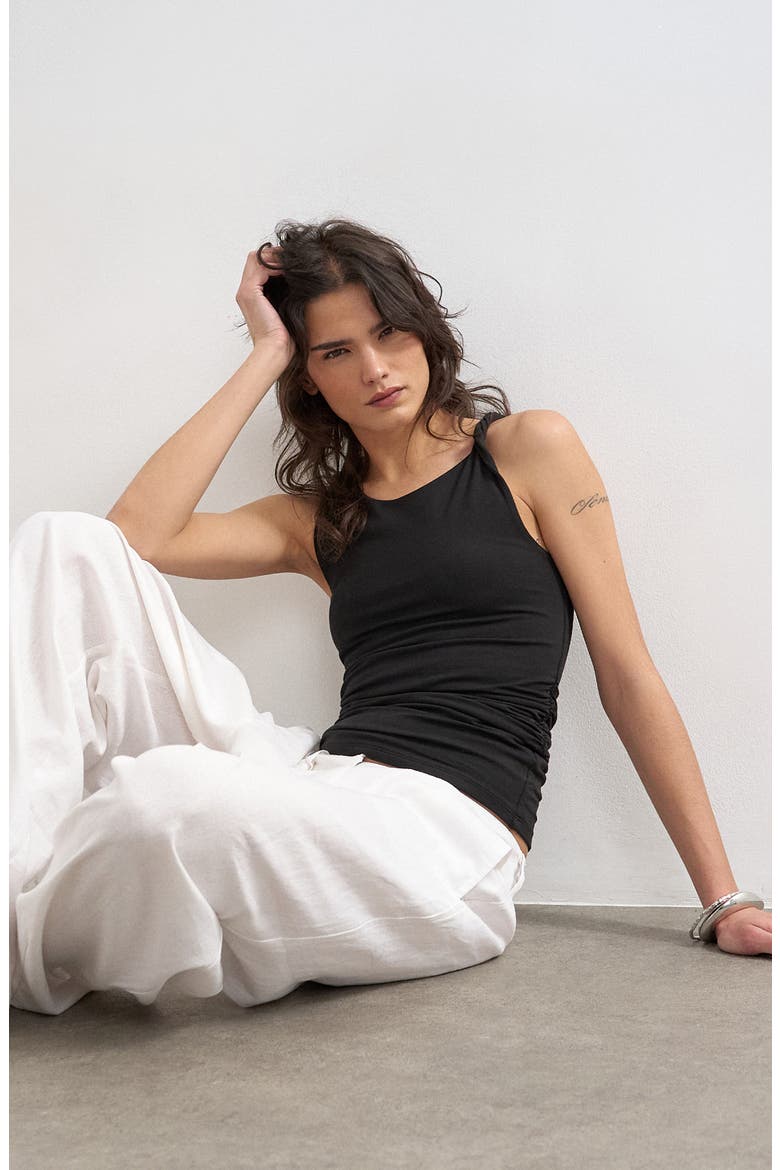 Knotted Shoulder Ruched Tank, Alternate, color, BLACK