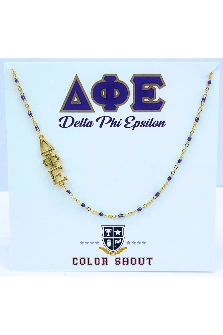 Delta Phi Epsilon Greek Letter Side Set Necklace, Main, color, Yellow Gold
