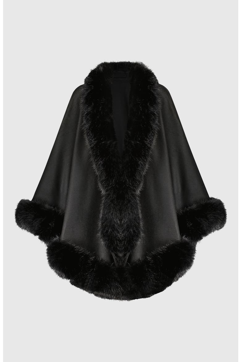Cashmere & Wool Blend Cape With Fur-Free Fox (Faux Fur) Trim, Alternate, color, BLACK