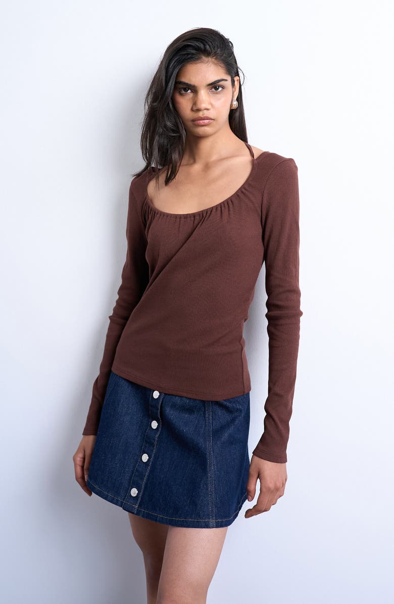 Topshop Tie Neck Rib Scoop Neck Top, Main, color, Brown