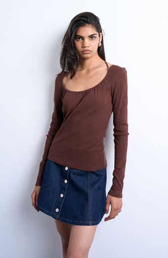 Tie Neck Rib Scoop Neck Top