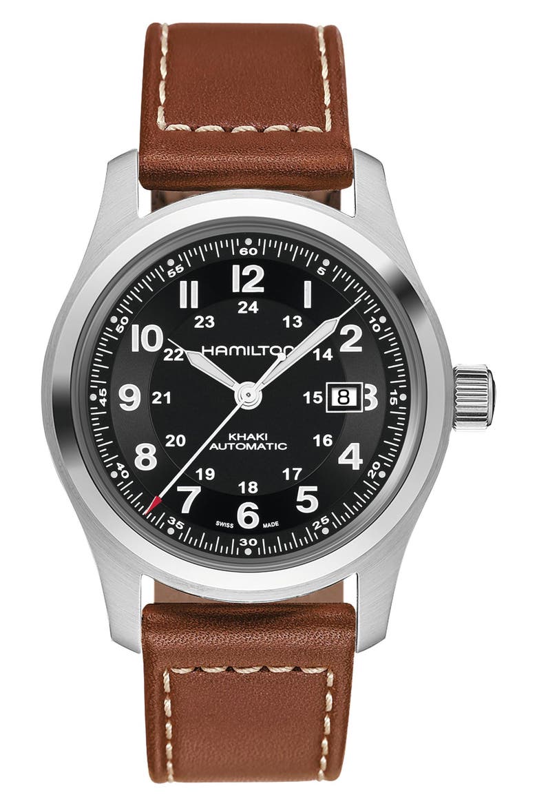 Khaki Field Automatic Leather Strap Watch, 42mm, Main, color, BLACK