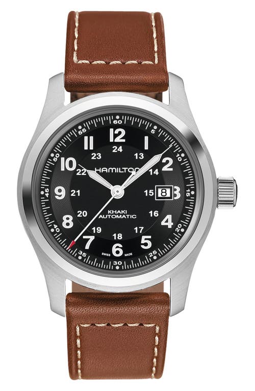 Hamilton Khaki Field Automatic Leather Strap Watch, 42mm in Brown/black/silver 