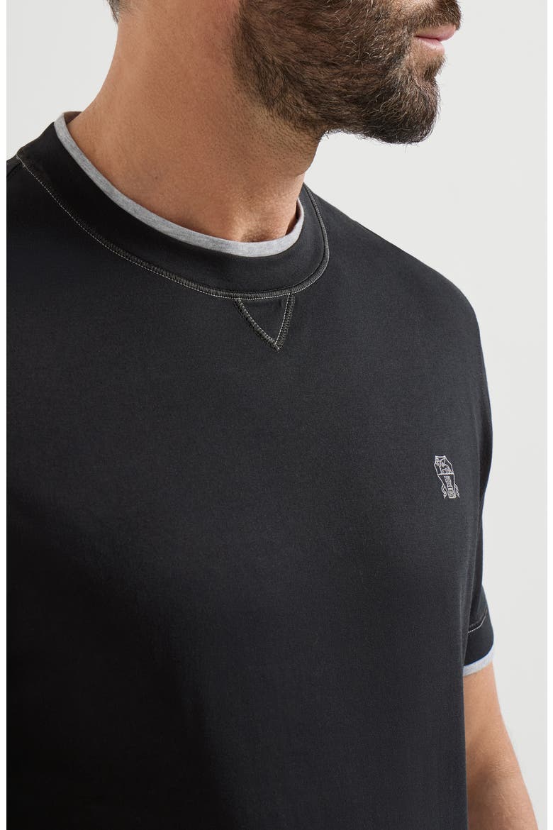 Cotton jersey crew neck T-shirt with logo and faux-layering, Alternate, color, Black