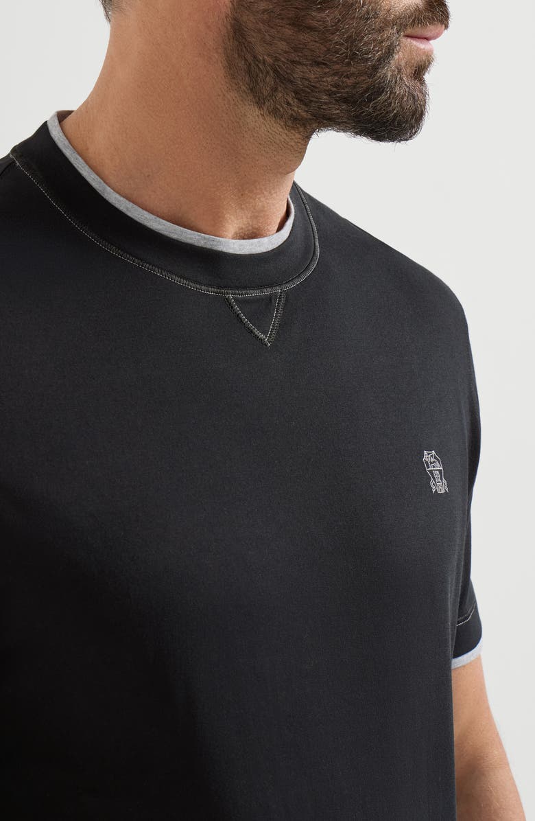 Brunello Cucinelli Cotton jersey crew neck T-shirt with logo and faux-layering, Alternate, color, Black