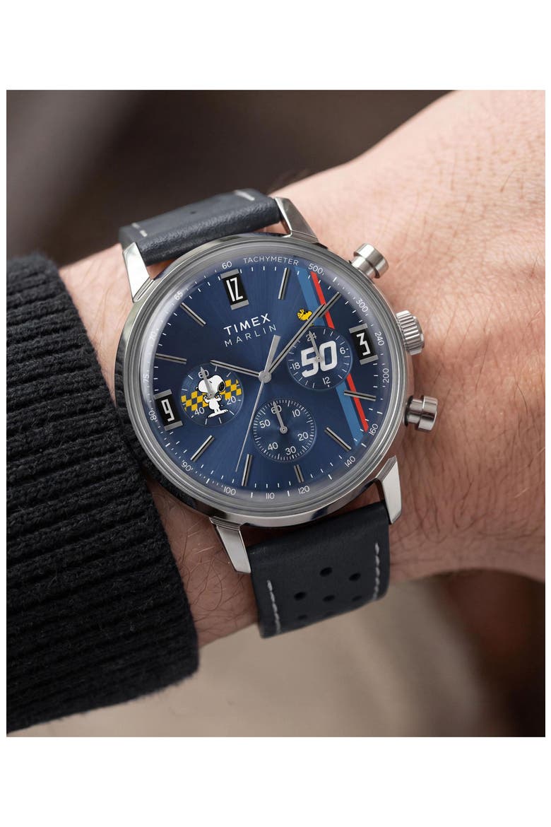 Peanuts Marlin Racing Chronograph Leather Strap Watch, Alternate, color, BLUE