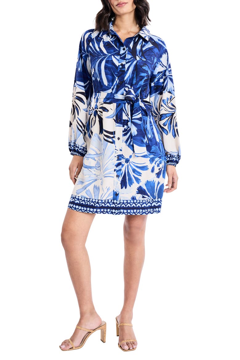 Balloon Sleeve Tie Belt Shirtdress, Main, color, CREAM/ BLUE