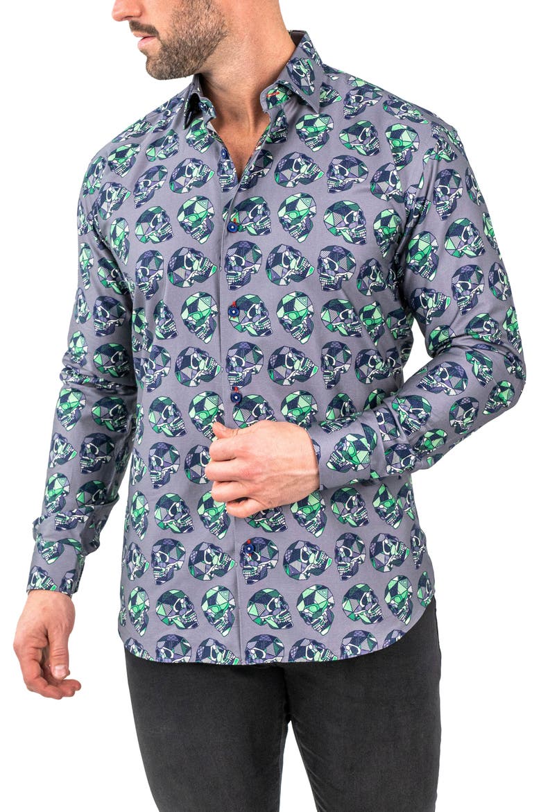 Fibonacci Skullpatch Contemporary Fit Button-Up Shirt, Main, color, GREY