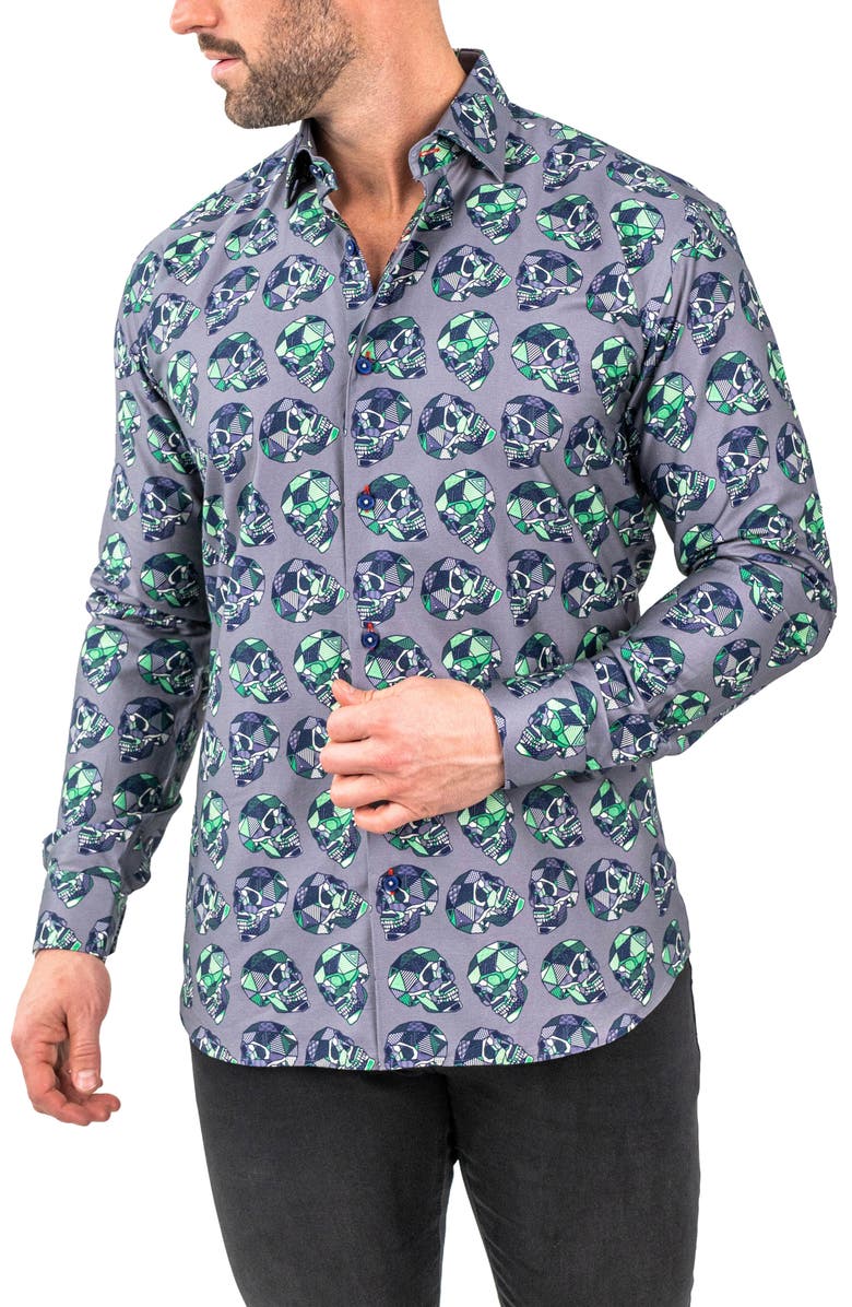 Maceoo Fibonacci Skullpatch Contemporary Fit Button-Up Shirt, Main, color, Grey