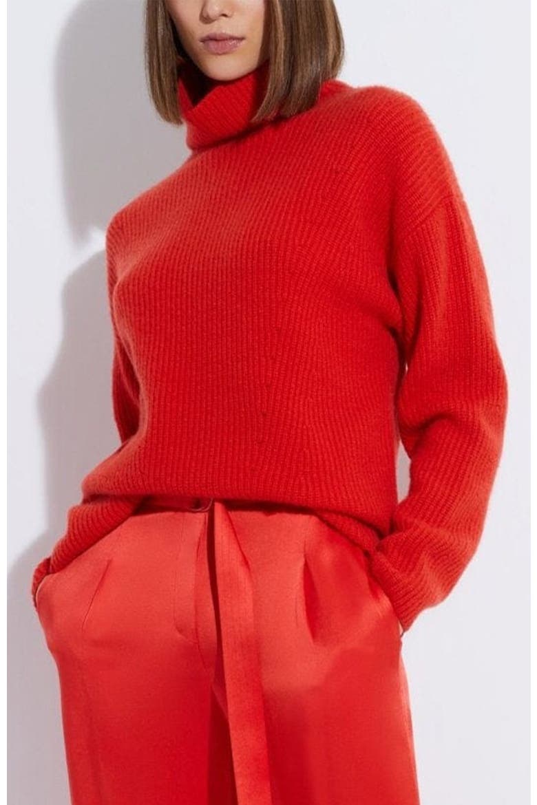 Airy Cashmere Silk Ribbed Turtleneck, Alternate, color, Poppy